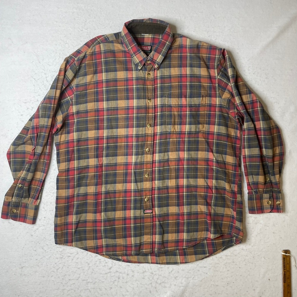 Coleman Flannel Button Down Shirt Mens XL Multicolor Plaid Corduroy Trim Stain